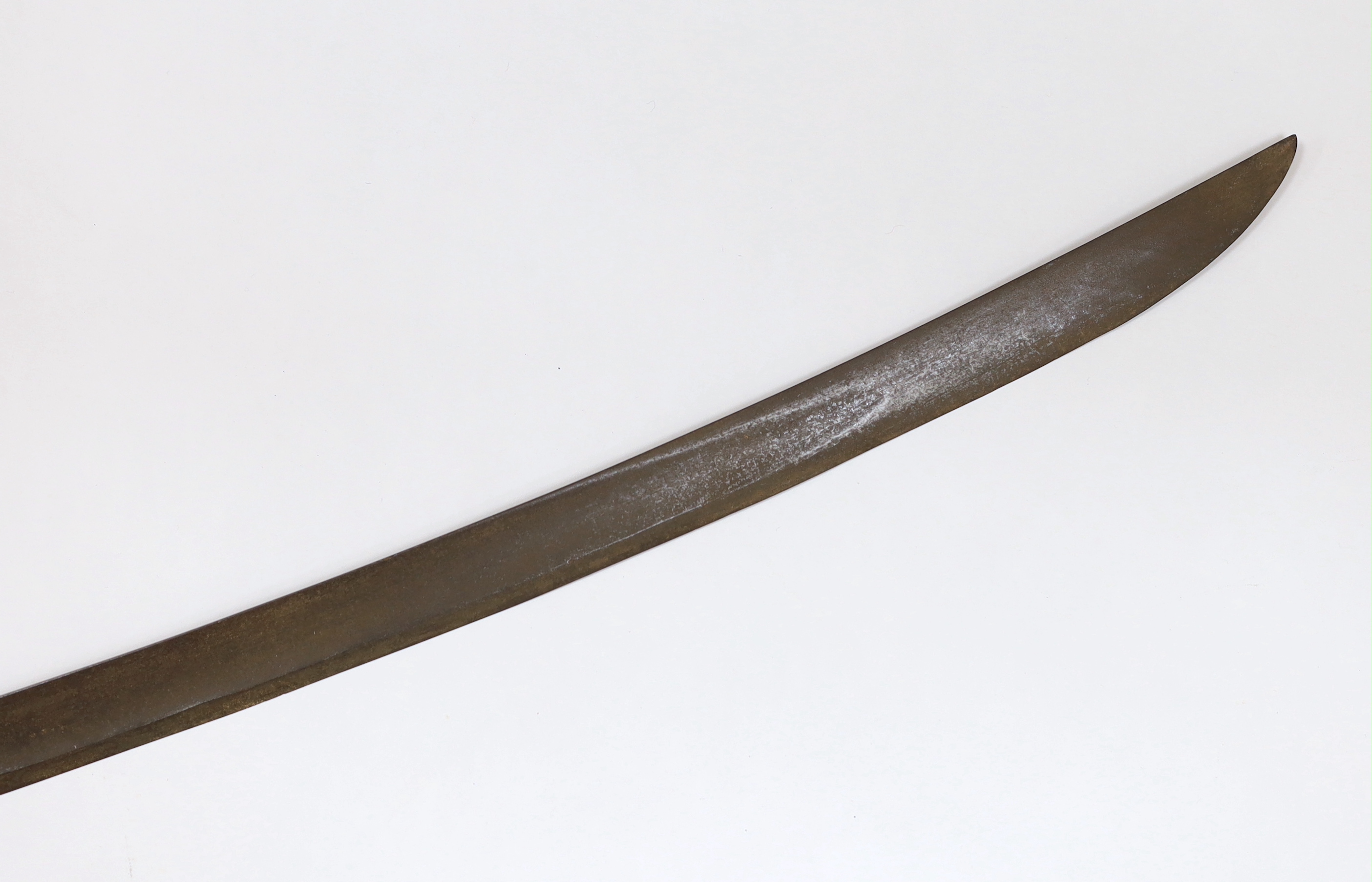 A military sabre with wrought iron guard stamped 377, blade 89cm